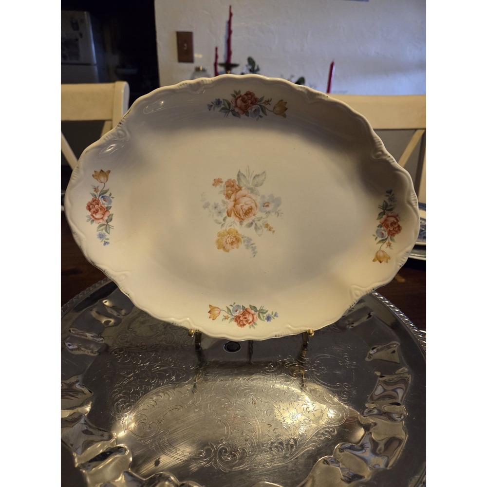 Vintage USA 12 X 9 Oval Serving Platter Pink Yellow Blue Flowers Gold Rim